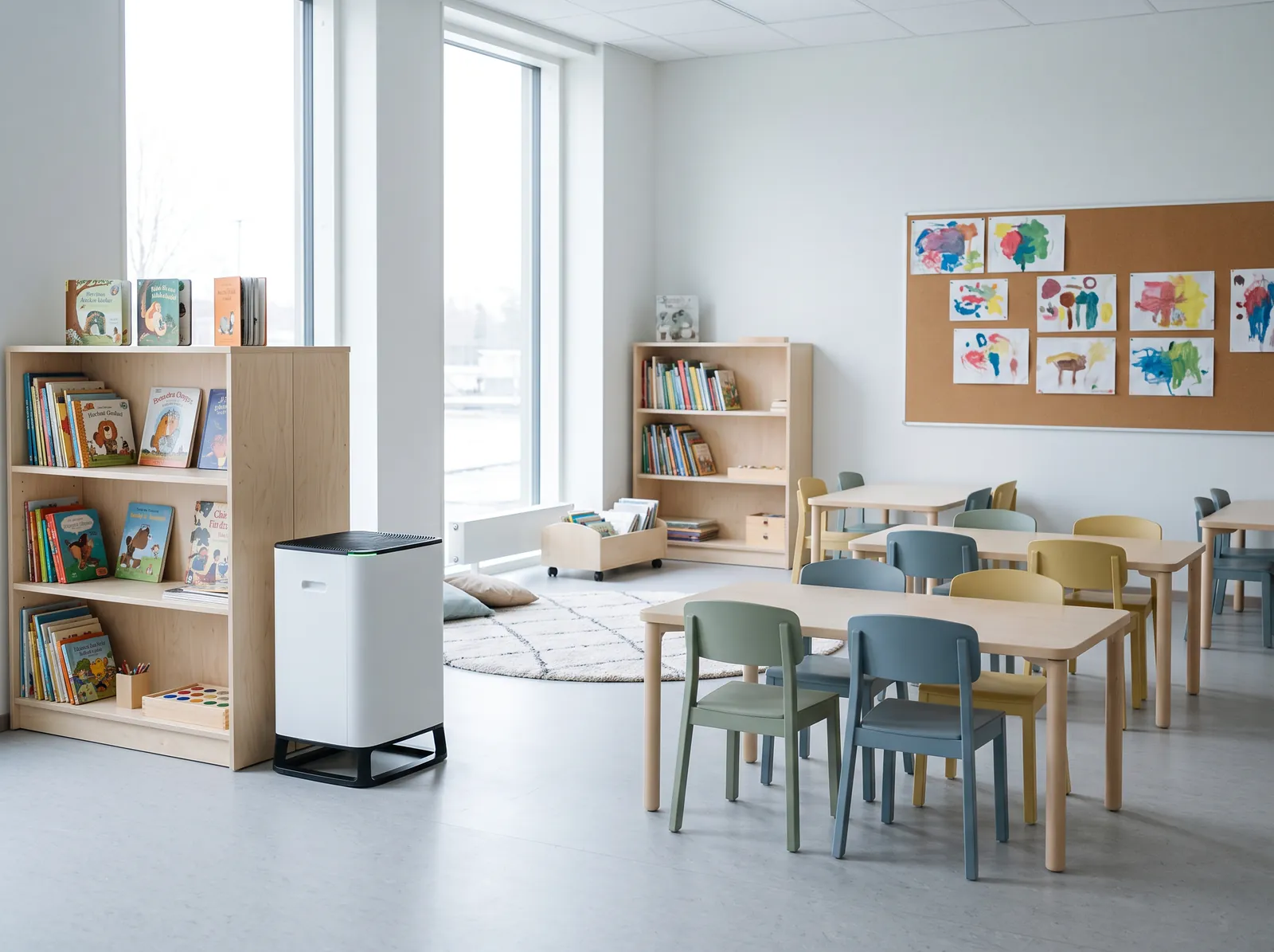 A Brio 650 beside a bookshelf in a bright, empty classroom