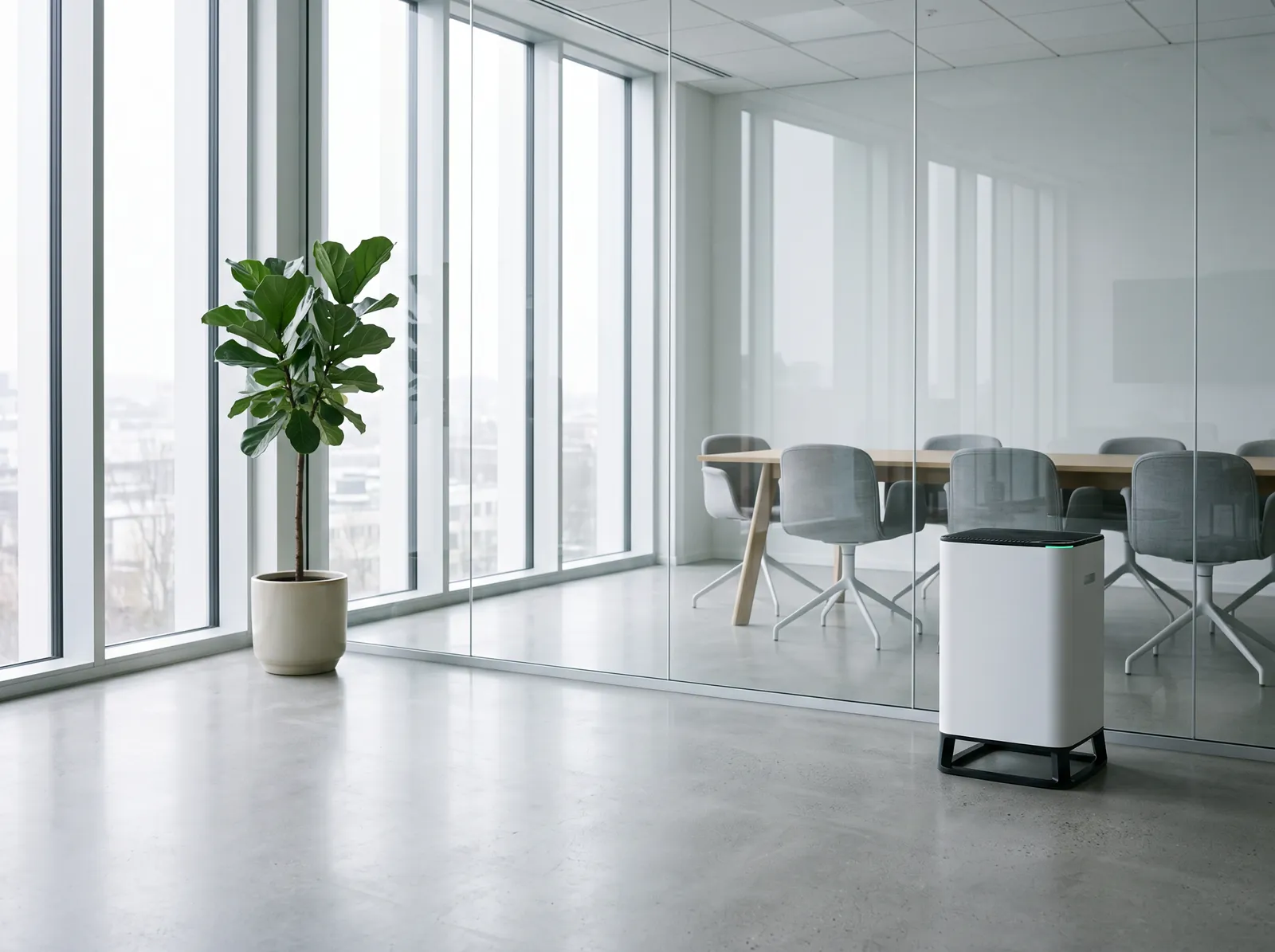 A Brio 650 standing beside a glass-walled meeting room in a bright office