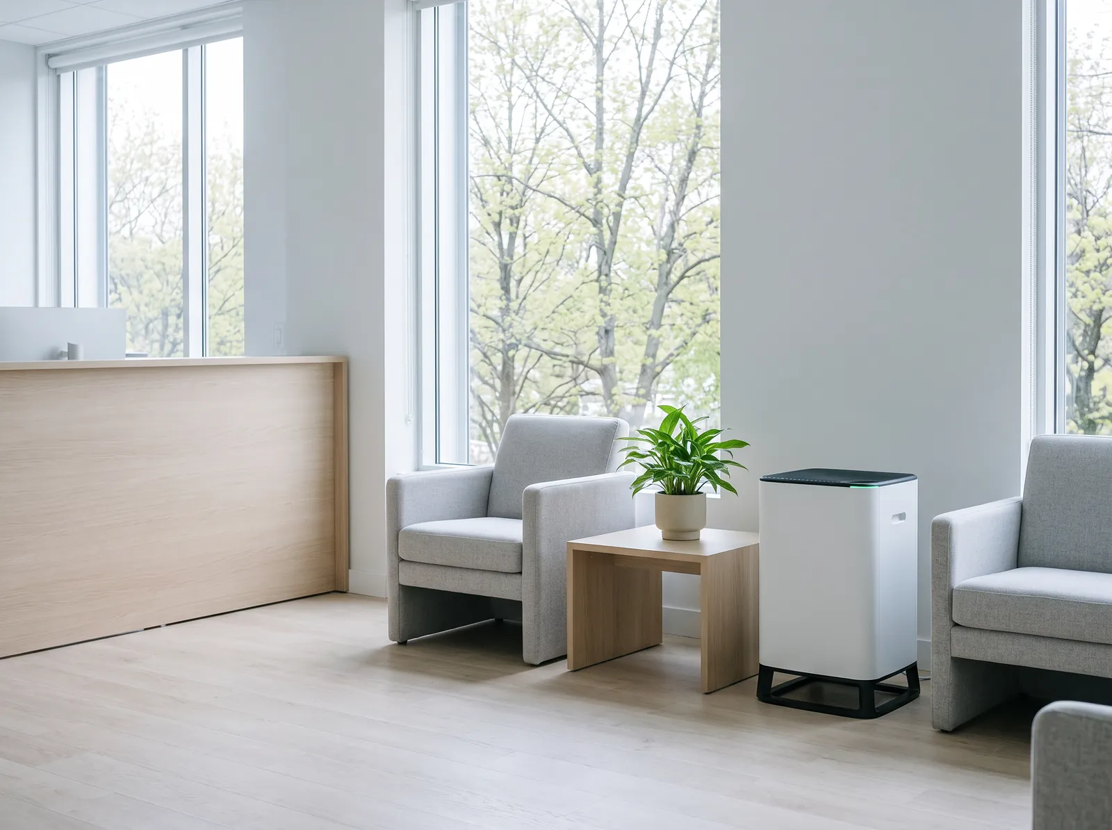 A Brio 650 between two armchairs in a bright reception area