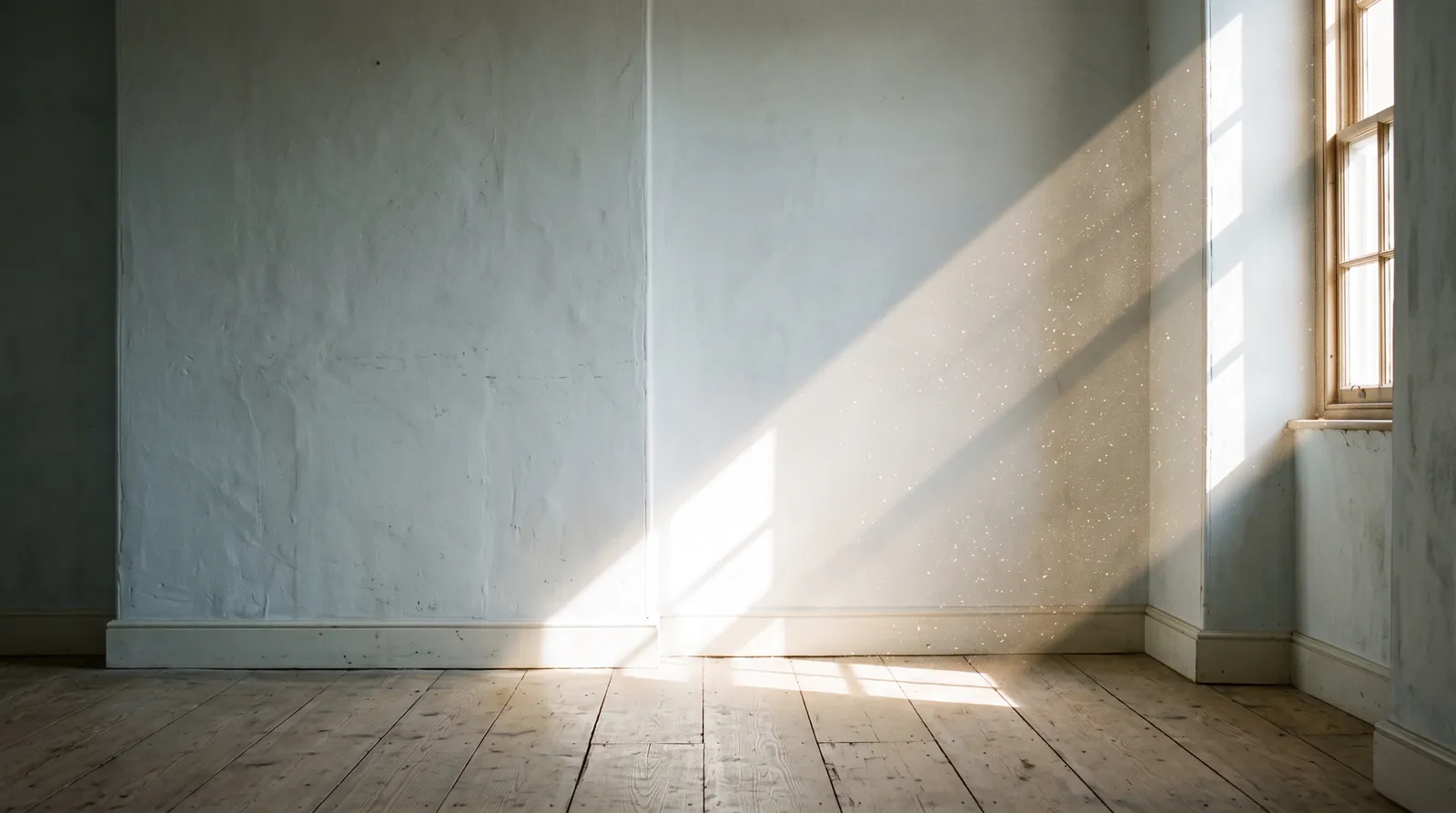 A shaft of sunlight crossing an empty room, lighting up the dust that floats in the air